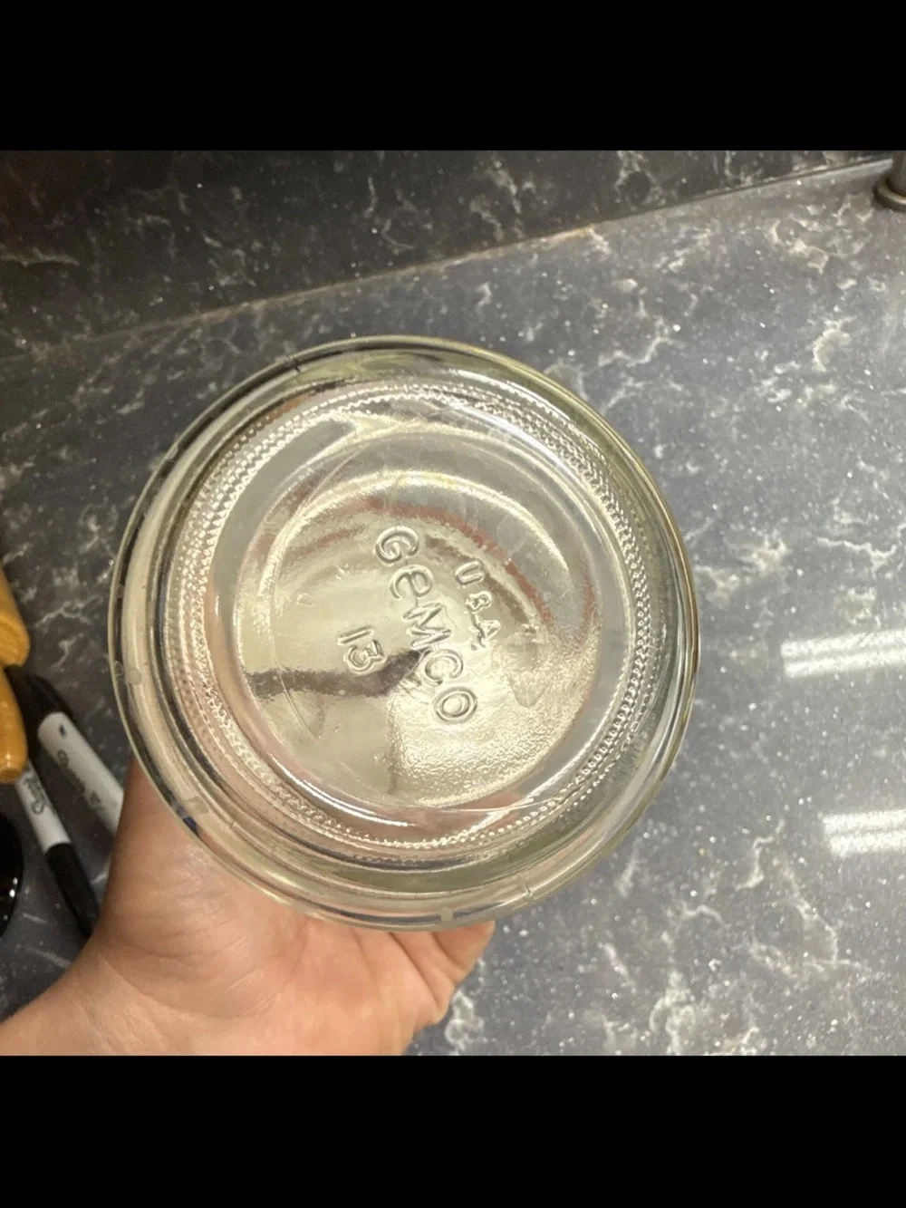 1970 Gemco Manual Nut Chopper w/ Glass Jar, orange Lid & Plastic Handle